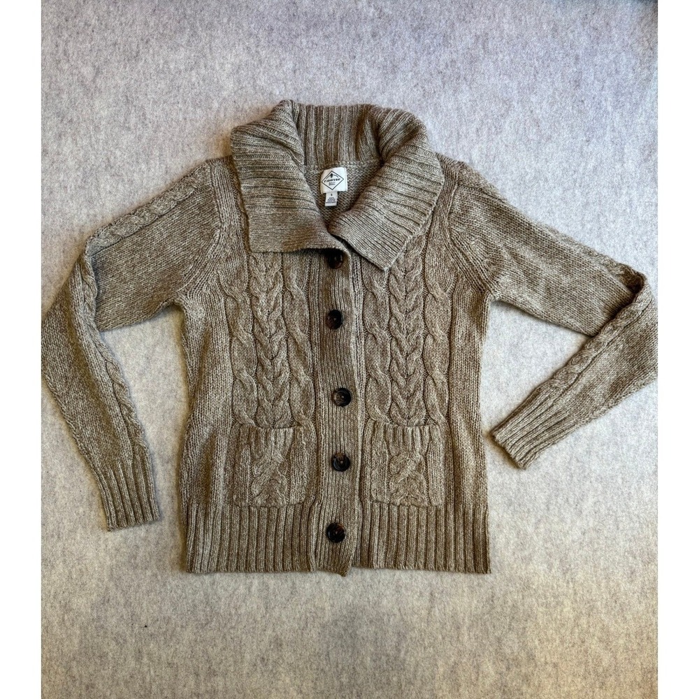 St Johns Bay Womens Tan Cable Knit Cardigan Sweater Shawl Collar Size S